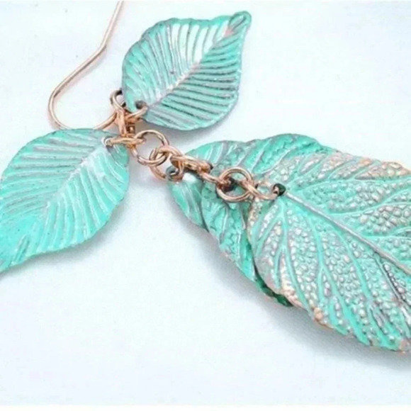 Rustic Blue Green Patina Verdigris Textured Leaves Dangle Earrings - Picture 4 of 5